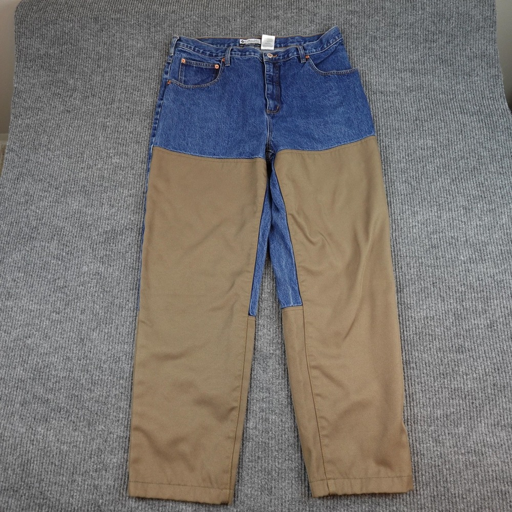 Columbia Jeans Mens 38x31 Blue Tan Denim Canvas Double Knee Hunting Workwear